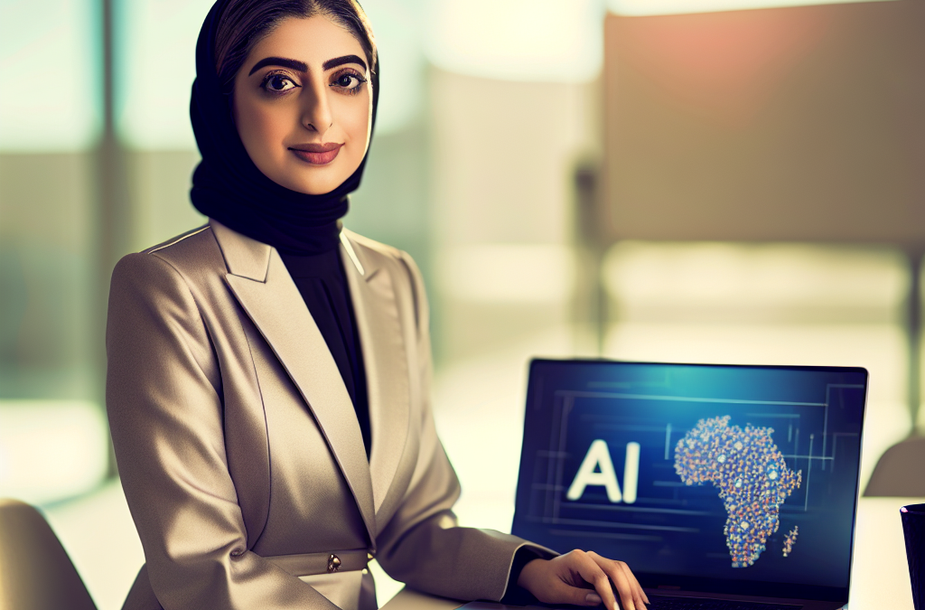 Entrepreneur in a modern office reviewing AI and education strategy on a laptop