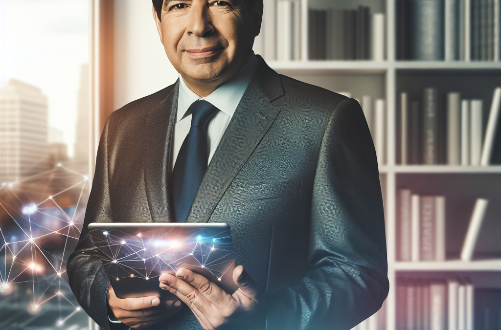Business leader in a modern Northern Virginia office holding a tablet with abstract AI graphics, representing AI and education.