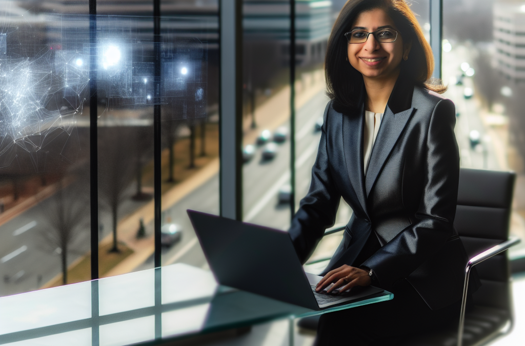 Entrepreneur in a modern Northern Virginia office reviewing AI-enabled education insights on a laptop